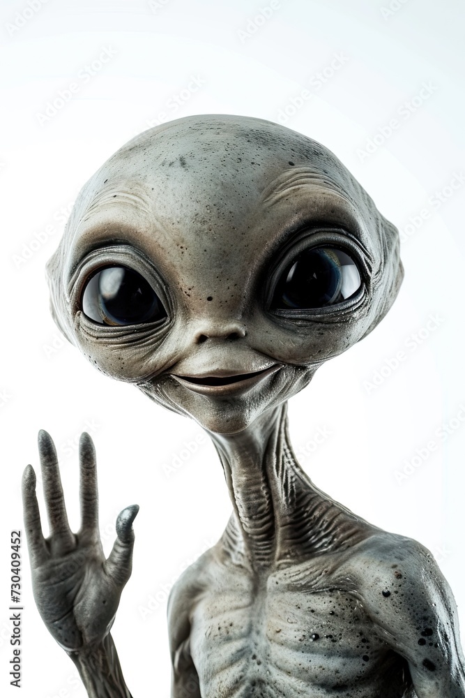 A close up of an alien with one hand up A close up of an alien with one hand up