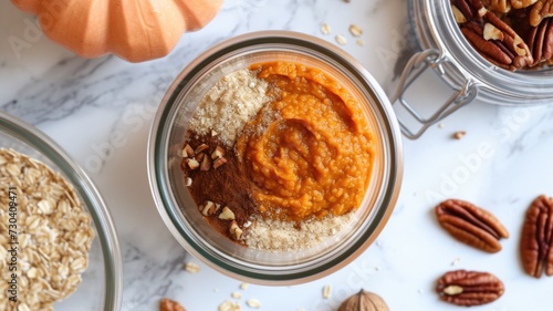 Freshly prepared pumpkin puree with cinnamon, ground nuts on a marble background