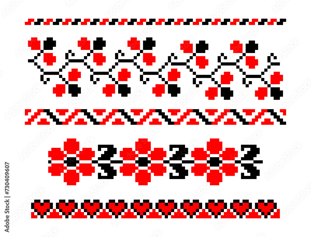 Ukrainian cross-stitch ethnic ornaments, Vector illustration on white background, Seamless pattern, Border