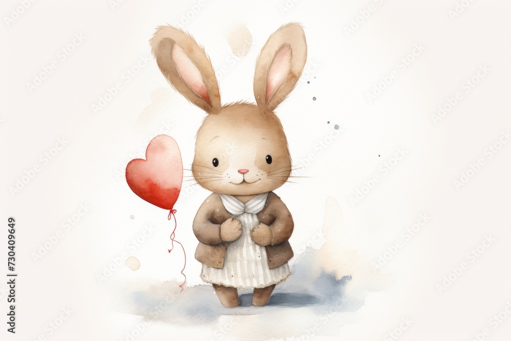 Obraz premium Watercolor painting of a cute bunny with a heart-shaped balloon, ideal for Valentine's Day designs and decor.
