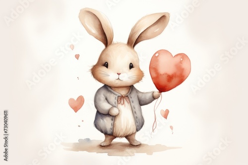 A watercolor illustration of a bunny with large ears holding a shiny red heart balloon  surrounded by floating hearts on a soft background.
