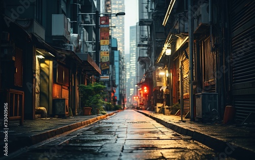 Portrait of an alley in an urban district of Japan at night with a wet street after rain. photo