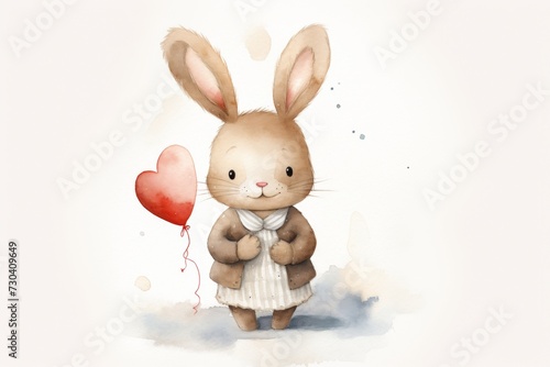 Watercolor painting of a cute bunny with a heart-shaped balloon, ideal for Valentine's Day designs and decor.