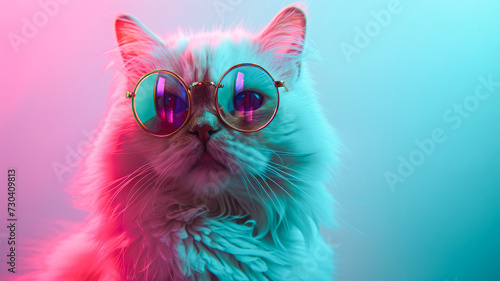 Close-up portrait of a cat with blue and pink neon lights.