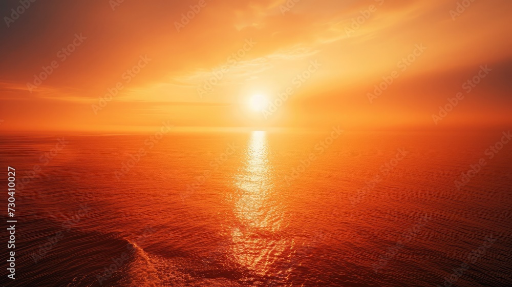 Bright landscape with an orange sunrise in the morning, the sky above the sea forms a vertical sunset.