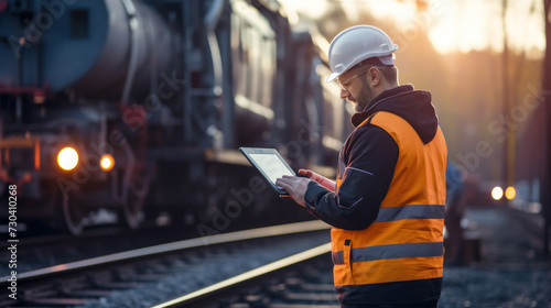 Inspector of wagons at freight train station looks in tablet computer. american railway man with tablet computer at freight train terminal
