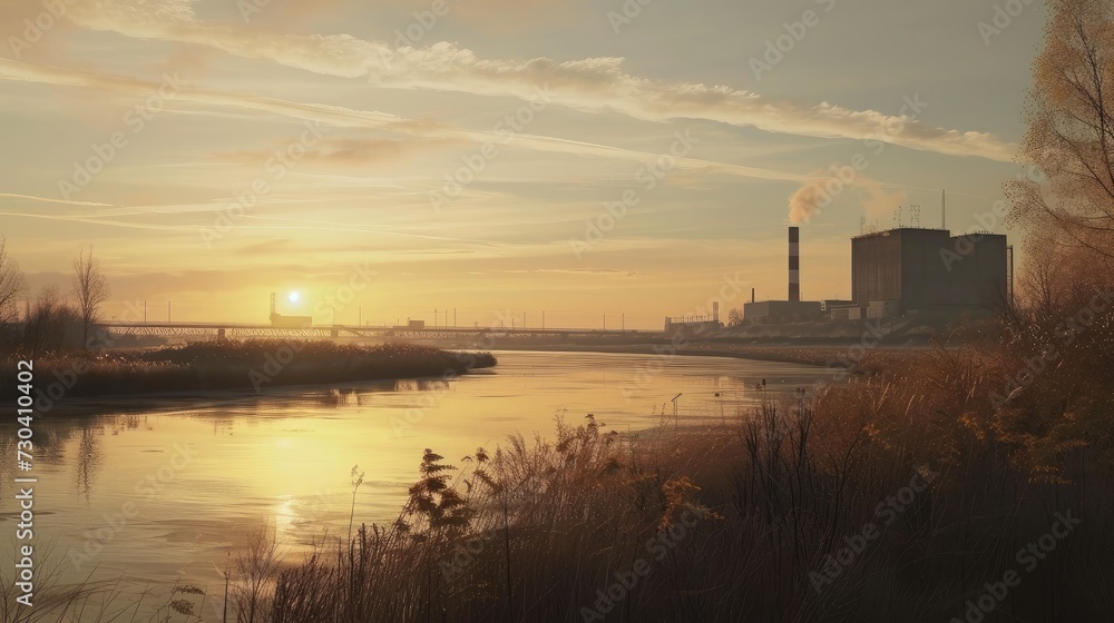 Late afternoon scene with view on riverbank with nuclear reactor Doel
