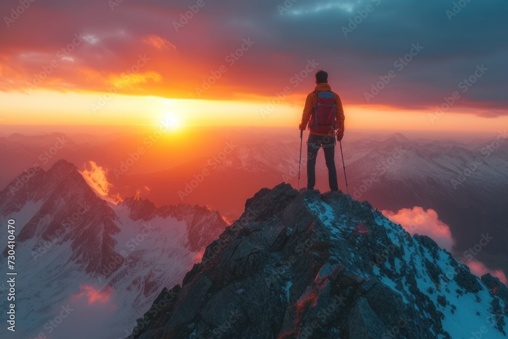 Man Standing on Top of Snow-Covered Mountain