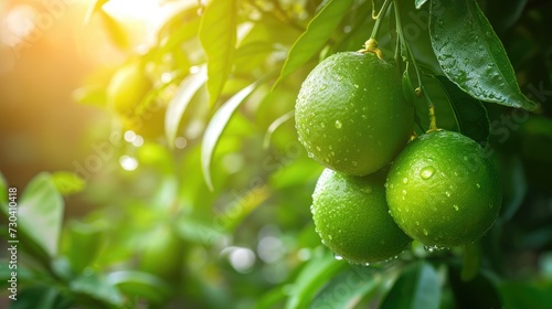 limes tree in the garden are excellent source of vitamin C. Green organic lime citrus fruit hanging on tree
