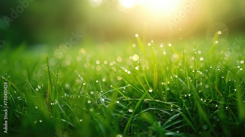 Lush green grass on meadow with drops of water dew in shining light