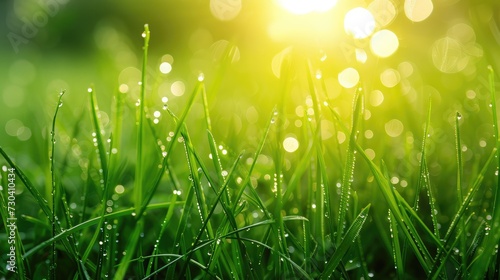 Lush green grass on meadow with drops of water dew in shining light