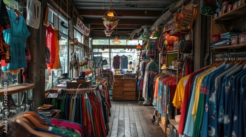 A bustling thrift store interior showcasing a diverse array of vintage clothes and accessories, with warm wooden shelving and a cozy ambiance.. © netrun78
