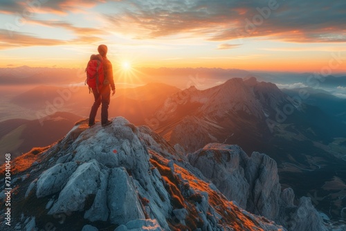 Man Standing on Top of Mountain at Sunset