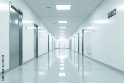 Long bright corridor in scientific laboratory building. Clean white hallway. Generative AI