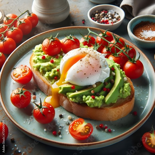 A plate with avocado toast topped with a poached egg and cherry tomatoes on the side.