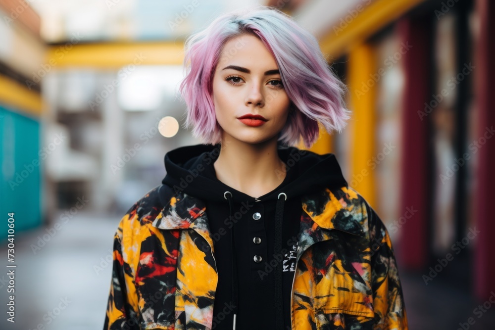Portrait of a beautiful young woman with pink hair on the street