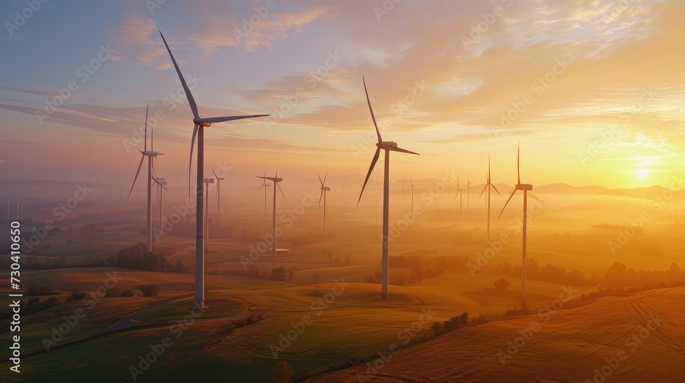 Panoramic view of wind farm or wind park, with high wind turbines for generation electricity with copy space. Green energy concept. Panoramic view of wind farm or wind park, with high wind turbines for generation electricity with copy space. Green energy concept.