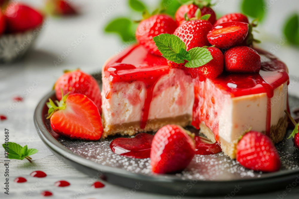 Strawberry cheesecake with a drizzle of strawberry sauce. Generative AI Strawberry cheesecake with a drizzle of strawberry sauce. Generative AI