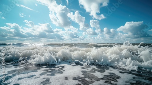 Powerful foamy sea waves rolling and splashing over water surface against cloudy blue sky © buraratn