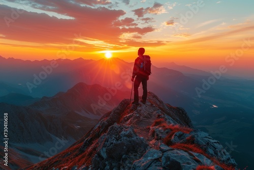 Man Standing on Top of Mountain at Sunset © lublubachka