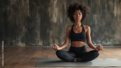 Black Woman, meditation and spiritual in a home with mockup space and yoga for balance and mindfulness. Morning, wellness zen in house on floor relax calm breathing and peace in lotus position