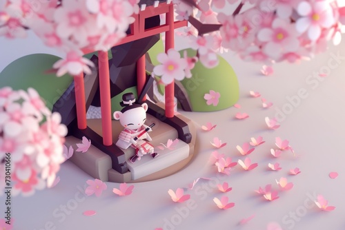A figurine of a man sitting under a tree. A small toy, japanese samurai, is sitting under a sakura tree with pink flowers © Friedbert
