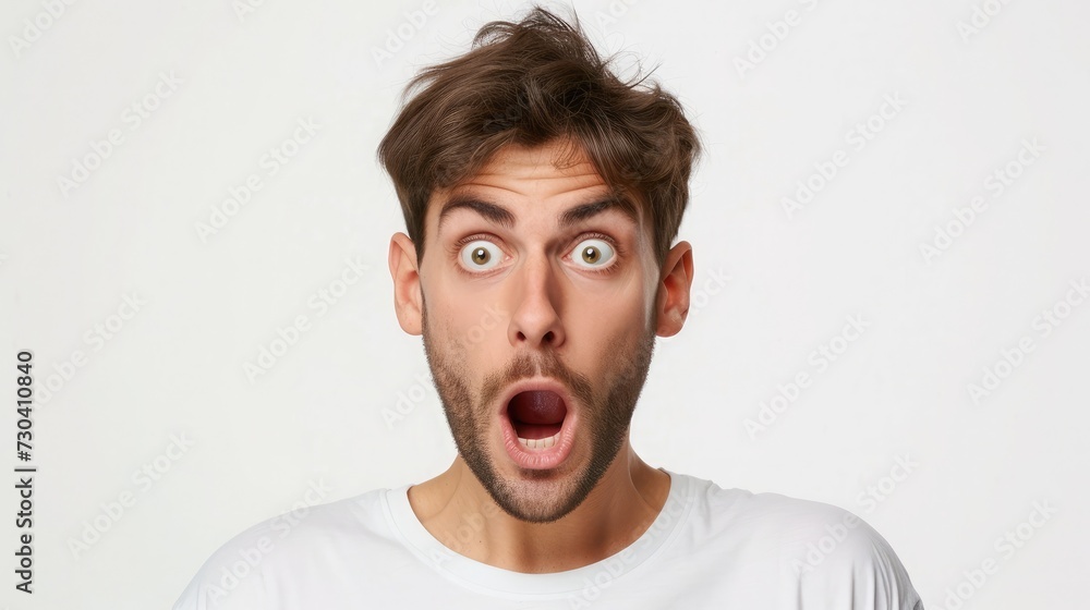 Shock, surprise and portrait of a man in a studio with an amazed facial expression or attitude. Shocked, amazing news and male model with a wtf, omg or wow face gesture isolated. by white background. Shock, surprise and portrait of a man in a studio with an amazed facial expression or attitude. Shocked, amazing news and male model with a wtf, omg or wow face gesture isolated. by white background.