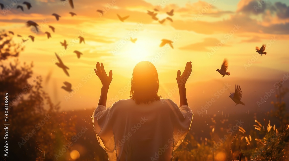 Silhouette Jesus Christ open two hands and palm up with birds flying over autumn sunrise background - obrazy, fototapety, plakaty 