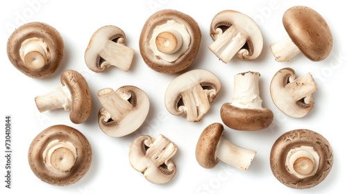 Set of fresh whole and sliced champignon mushrooms isolated on white background. Top view