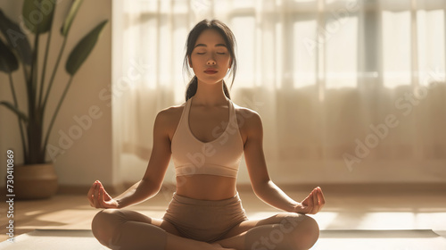 Asian Woman, meditation and spiritual in a home with mockup space and yoga for balance and mindfulness. Morning, wellness zen in house on floor relax calm breathing and peace in lotus position
