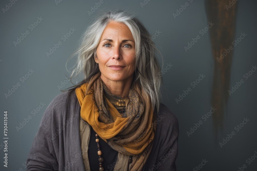 Portrait of a beautiful middle-aged woman with gray hair wearing a scarf Portrait of a beautiful middle-aged woman with gray hair wearing a scarf