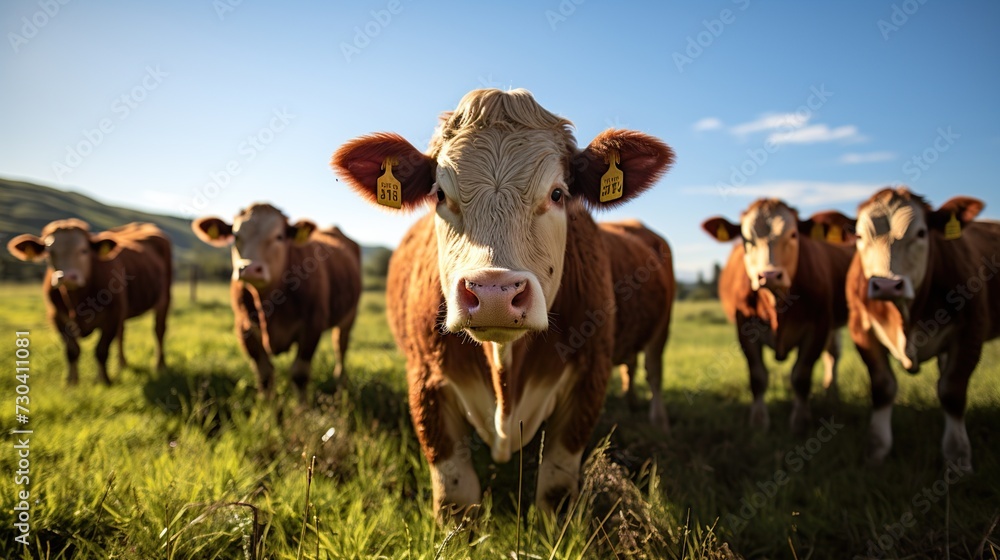 A herd of cows grazing in a meadow during summer at sunset - obrazy, fototapety, plakaty 