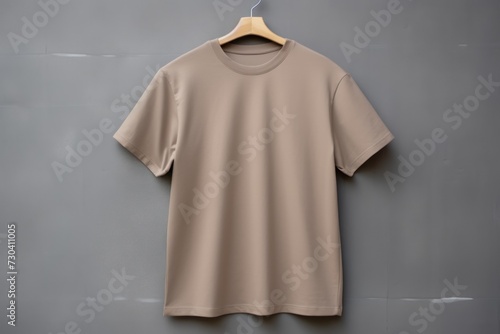 Tan t shirt is seen against a gray wall