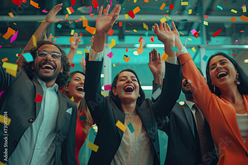 A jubilant and diverse team of employees celebrating a successful business achievement amidst a shower of confetti