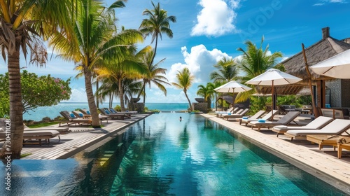 Stunning beachfront resort with pool  sunbeds  and palm trees on a warm  sunny day.