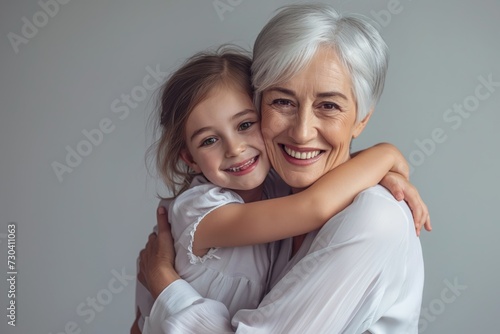 An affectionate embrace captures the timeless bond between a smiling grandmother and her joyful grandchild, celebrating family and generational love..