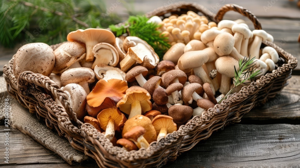 Wicker tray with variety of raw mushrooms on wooden table Wicker tray with variety of raw mushrooms on wooden table