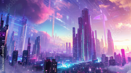 Futuristic city skyline at dusk with neon lights. Science fiction setting.