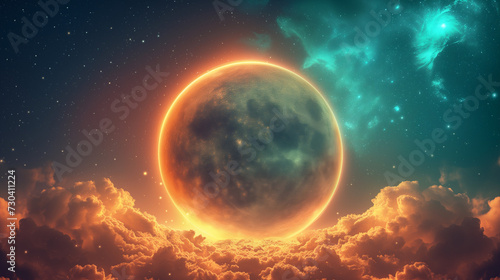 Dramatic scene with a planet or moon eclipse surrounded by cosmic clouds