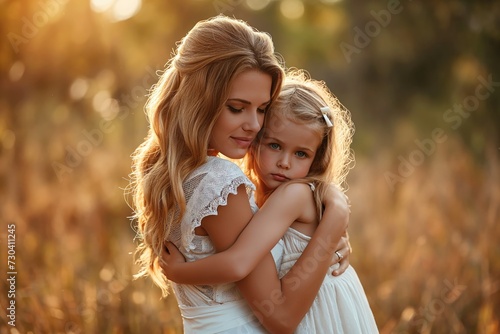 Heartwarming moment of a mother and daughter sharing an embrace surrounded by the golden hues of a blooming yellow flower field..