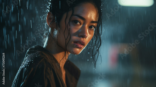 雨に濡れるアジア人女性