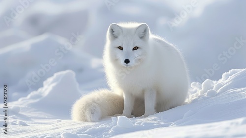 White arctic fox in the snow in the Arctic. Snow Fox.