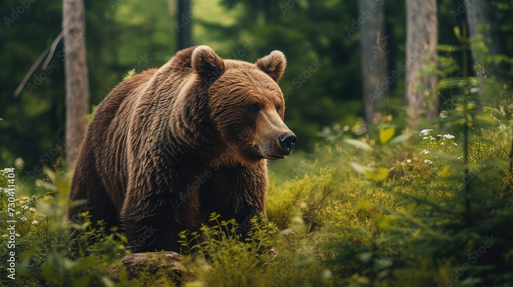 Wild Brown Bear in the summer forest. Animal in natural habitat. Wildlife scene