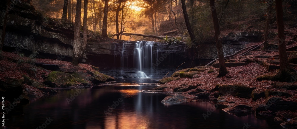 beautiful waterfall in mystic twilight - obrazy, fototapety, plakaty 