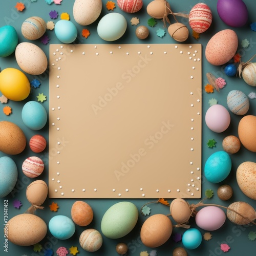 Tan background with colorful easter eggs round frame texture 