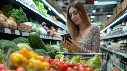 Woman leaning on a shopping cart and holding her smartphone, she is buying fresh vegetables at the grocery store, healthy food concept © buraratn