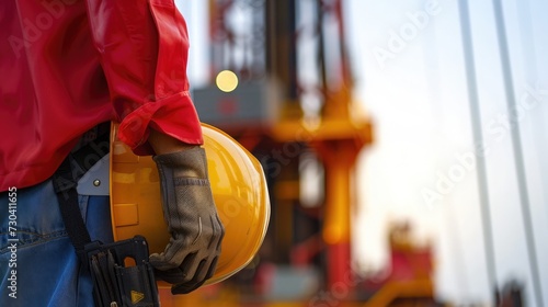 worker is holding safety hardhat or helmet with blurred background of drilling rig derrick structure