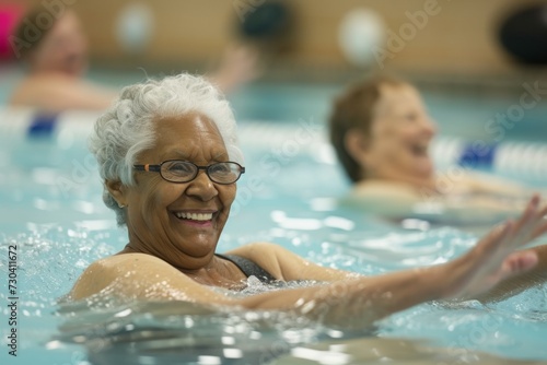 Senior Woman Enjoying Aquatic Exercise in Swimming Pool