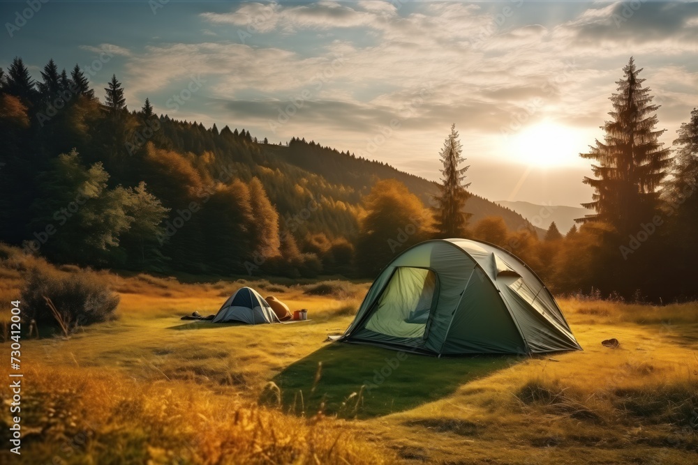 The first light of dawn casts a warm glow over a peaceful campsite nestled among the rolling hills and dense forests, capturing the essence of outdoor tranquility and the adventure of camping