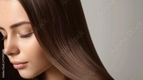 Beautiful model girl with shiny brown and straight long hair . Keratin straightening . Treatment, care and spa procedures.